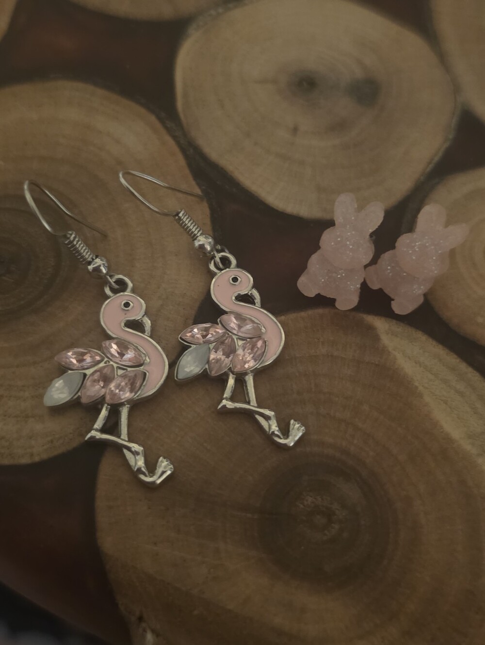 Pink Flamingo Dangle Earrings with Pink Bunny Studs